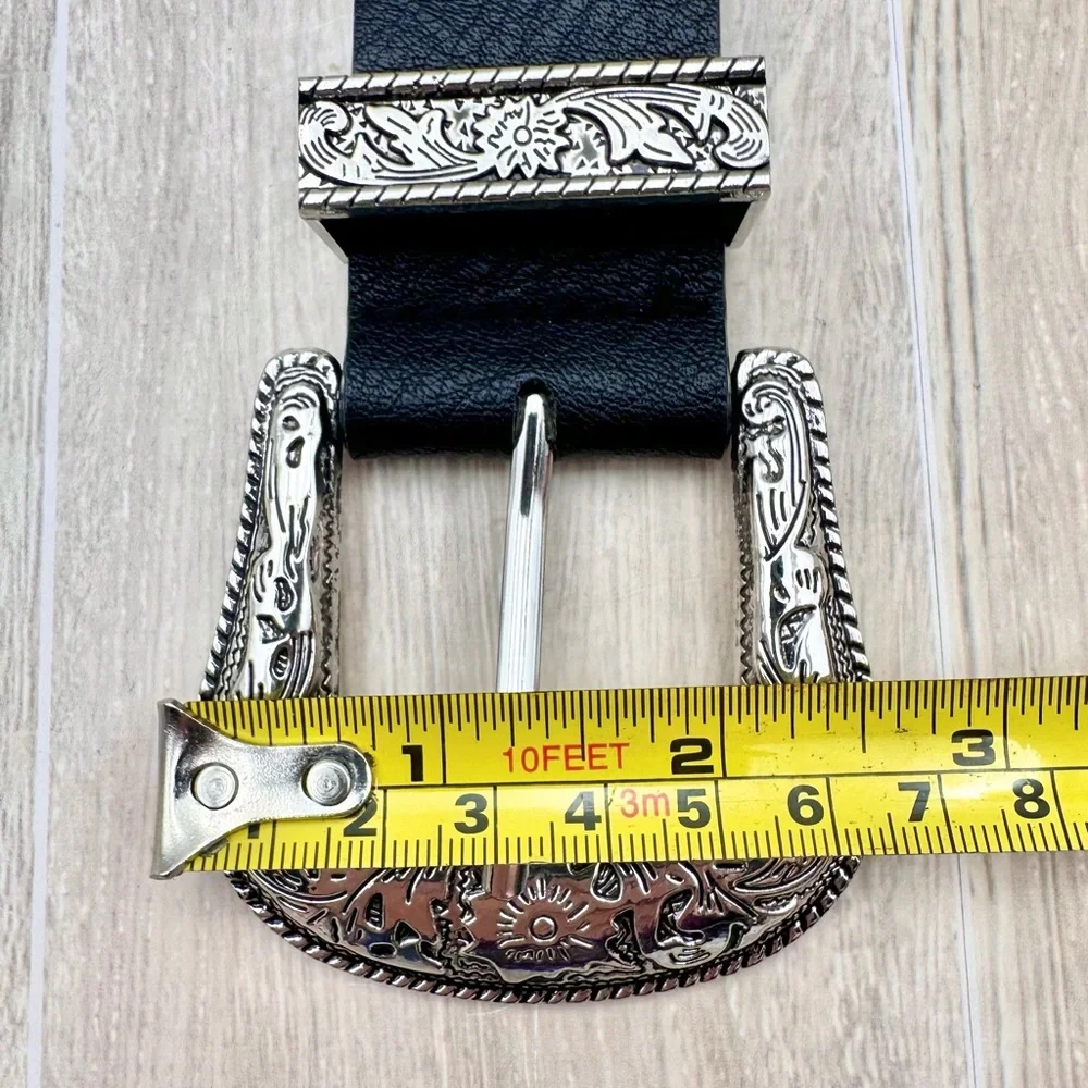 Western Black Faux Leather Belt Silver Toned Boho Engraved Buckle XL 41”-45”